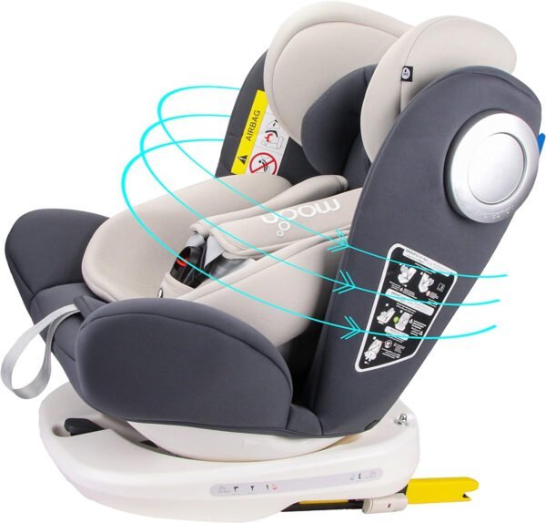 MOON Gyro Car Seat – 360° Rotating Booster Seat for Kids/Infants/Toddlers – Baby Travel Gear (Group 0-1-2-3) – Rear & Forward Convertible w/Isofix – 0M to 12Yr (Up to 36kg) – Grey