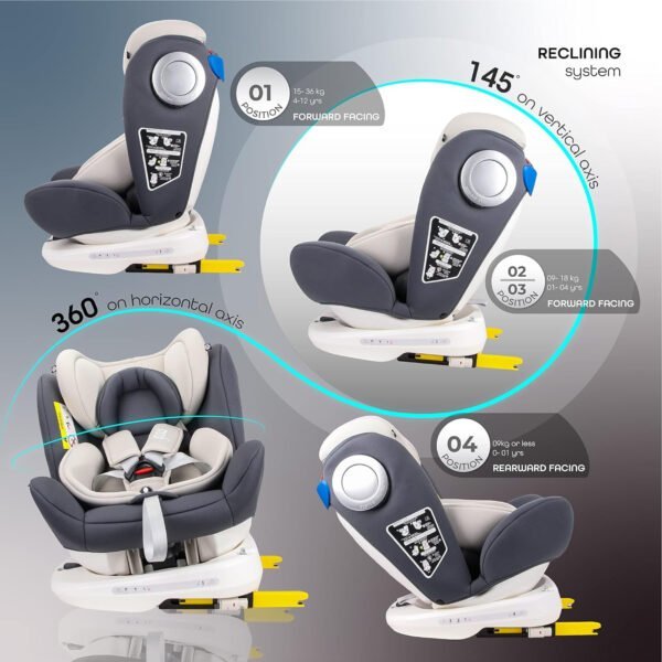 MOON Gyro Car Seat – 360° Rotating Booster Seat for Kids/Infants/Toddlers – Baby Travel Gear (Group 0-1-2-3) – Rear & Forward Convertible w/Isofix – 0M to 12Yr (Up to 36kg) – Grey