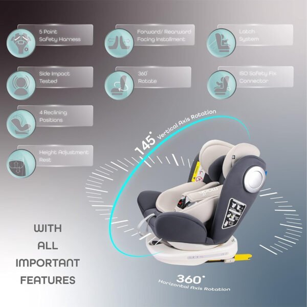 MOON Gyro Car Seat – 360° Rotating Booster Seat for Kids/Infants/Toddlers – Baby Travel Gear (Group 0-1-2-3) – Rear & Forward Convertible w/Isofix – 0M to 12Yr (Up to 36kg) – Grey