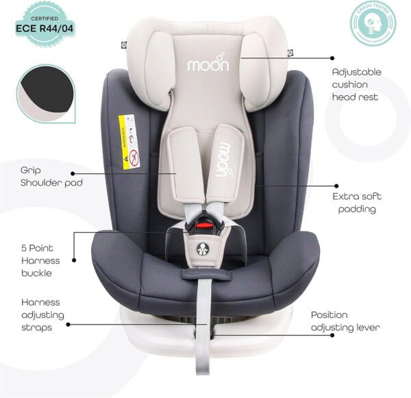MOON Gyro Car Seat – 360° Rotating Booster Seat for Kids/Infants/Toddlers – Baby Travel Gear (Group 0-1-2-3) – Rear & Forward Convertible w/Isofix – 0M to 12Yr (Up to 36kg) – Grey