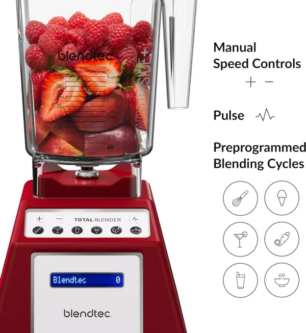 Blendtec 1560W Blender, Made In USA, 10 Manual Speed, Pulse Function, Heavy Duty Mixer, Preprogrammed Cycles For Smoothie, Ice Crush, Batter, Juice, Cream & Hot Soup – Total Blender Classic (Red)