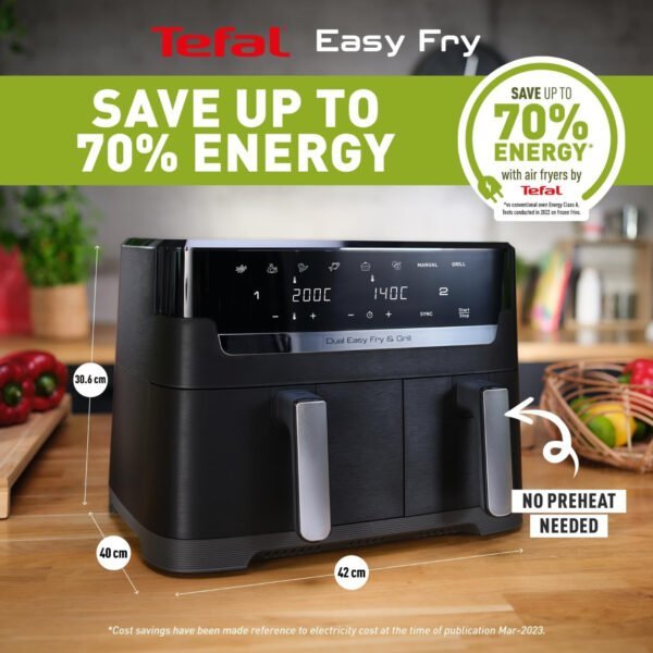 Tefal Dual Easy Fry, 8.3 L, Dual Drawers Air Fryer, Complete Family Meal, 7 Pre-Set Programs, Dishwasher-Safe Parts, Dedicated App.