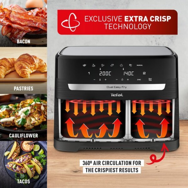 Tefal Dual Easy Fry, 8.3 L, Dual Drawers Air Fryer, Complete Family Meal, 7 Pre-Set Programs, Dishwasher-Safe Parts, Dedicated App.