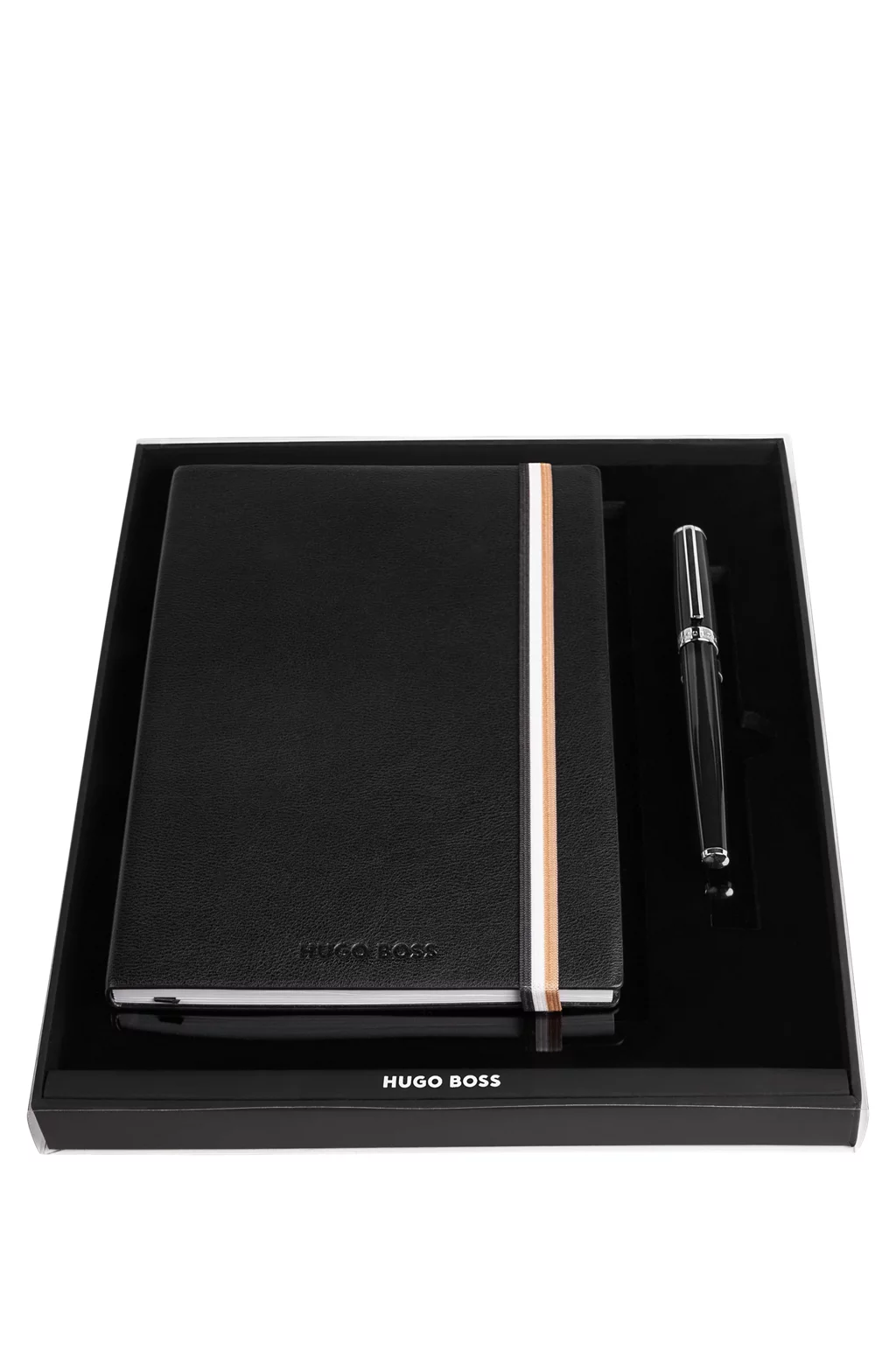 BOSS BLACK A5 NOTEBOOK AND BRASS FOUNTAIN PEN SET