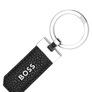 BOSS LOGO KEY RING IN GRAINED LEATHER AND BRASS