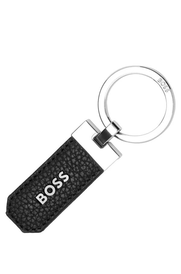 BOSS LOGO KEY RING IN GRAINED LEATHER AND BRASS